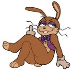 anthro bottomless brown_body brown_eyes bubble_butt buckteeth butt button_(fastener) clothed clothing eyelashes eyeliner feet femboy gesture gloves half-closed_eyes hand_gesture handwear looking_away makeup male mascara mascot mascot_costume middle_finger mostly_nude multicolored_body narrowed_eyes no_underwear purple_clothing purple_eyes purple_topwear rabbit_ears scut_tail short_tail simple_background sitting smug smug_expression smug_face solo tail teeth topwear two_tone_body vest whiskers white_background white_clothing white_gloves white_handwear nanocorpx five_nights_at_freddy's five_nights_at_freddy's:_help_wanted fnaf_vr_help_wanted scottgames glitchtrap lagomorph leporid mammal rabbit 2024 digital_media_(artwork) low_res