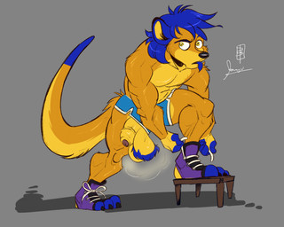 accident accidental_exposure anthro athletic_wear ball_tuft balls blue_hair body_hair bottomwear clothed clothing confusion flaccid footwear foreskin genitals gym gym_bottomwear gym_shorts hair ineffective_shorts male male_anthro muscular muscular_anthro muscular_male musk penis penis_poking_out penis_through_leghole raised_leg scrohawk shoes shorts sneakers solo topless topless_anthro topless_male tuft donryu tigerthemeerkat herpestid mammal meerkat hi_res