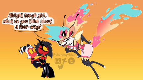 anthro big_butt butt carrying_another carrying_partner female female/female male male/female propositioning shocked thekingvillain hellaverse helluva_boss millie_(helluva_boss) moxxie_(helluva_boss) queen_bee-lzebub_(helluva_boss) animal_humanoid canid canid_humanoid canine canine_humanoid fox_humanoid humanoid imp mammal mammal_humanoid 16:9 hi_res widescreen