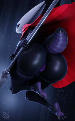 2_horns 5_toes alternate_form anthro anus areola arthropod_abdomen big_butt biped black_body black_eyes breasts bubble_butt butt butt_focus cape cape_only clothing empty_eyes feet female genitals glistening glistening_body holding_melee_weapon holding_object holding_polearm holding_weapon horn humanoid_feet melee_weapon mostly_nude mouthless night nipples non-mammal_breasts non-mammal_nipples non-mammal_vulva plantigrade polearm purple_anus purple_areola purple_feet purple_nipples purple_vulva rear_view red_cape red_clothing sky solo star starry_sky thick_thighs toes vulva weapon white_head geodat mayosplash_(modeler) hollow_knight_(franchise) team_cherry hornet_(hollow_knight) arachnid arthropod insect spider 2025 3d_(artwork) absurd_res digital_media_(artwork) hi_res watermark