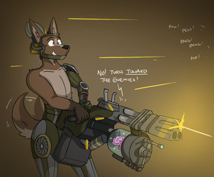 3_artificial_limbs 5_fingers anthro black_outline brain brain_dome brown_body brown_fur cybernetics fingers fur laser_gun machine male nude organs outline ranged_weapon solo weapon g472y fallout microsoft 4-lex cyberdog_(fallout) hi_res