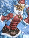 abs anthro armor bell belt blue_body bottomwear bulge christmas_clothing clothed clothing gift gold_(metal) headgear helmet holidays male muscular muscular_anthro muscular_male pecs red_eyes shorts skimpy solo tight_clothing guzu_kuo bandai_namco christmas digimon digimon_(species) magnamon scalie 3:4