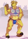 american_football anthro ball barefoot bulge clipboard clothing coach crop_top fangs feet football_field football_player fur gridiron_ball hooves horn jockstrap male midriff shirt solo sport teeth text text_on_clothing text_on_topwear topwear underwear whistle_(object) yellow_body yellow_fur illbarks dj_strap cervine deer mammal muntjac hi_res