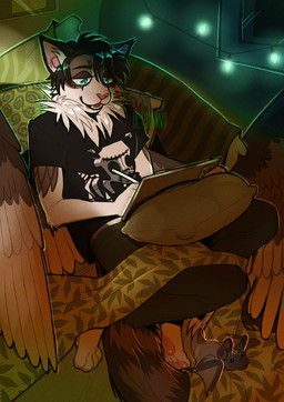 anthro black_clothing black_hair black_shirt black_t-shirt black_topwear bottomwear brown_tail brown_wings clothed clothing feathered_wings feathers fur green_bottomwear green_clothing green_pants hair holding_tablet holding_tablet_pen inside male male_anthro narrowed_eyes open_mouth pants pillow pink_nose reclining red_tongue shirt short_hair solo string_lights t-shirt tail teal_eyes tongue topwear white_body white_fur white_wings wings 0ct0m0n0 felid mammal hi_res