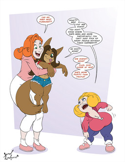 angry anthro barefoot big_breasts blonde_hair blue_eyes bottomwear breasts brown_body brown_fur brown_hair clothing dialogue feet female footwear fur green_eyes group hair holding_character implied_transformation looking_up navel one_eye_closed open_mouth pants shirt shoes shorts shortstack simple_background size_difference smile standing tail text tongue tongue_out topwear zipper jklind daisy_(jklind) mary-anne_(jklind) canid canine canis human mammal wolf 2026 digital_media_(artwork) english_text