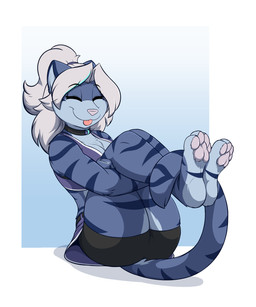 anthro biped bottomwear breasts butt clothed clothed_anthro clothed_female clothing feet female front_view fully_clothed fully_clothed_anthro fully_clothed_female fur hair paws simple_background sitting smile solo tail toes tongue topwear infinitedge aegis_(infinitedge) domestic_cat felid feline felis mammal 2025 digital_drawing_(artwork) digital_media_(artwork) hi_res
