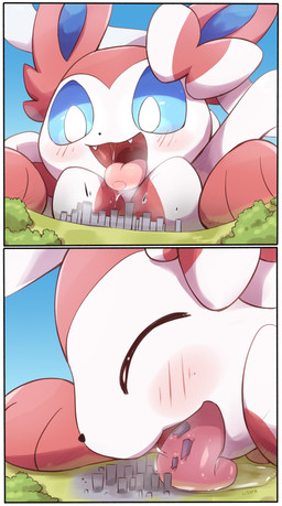 blush blush_lines bodily_fluids city_destruction destruction giga licking looking_down macro saliva saliva_on_tongue tongue tongue_out vore listrymistery nintendo pokemon eeveelution generation_6_pokemon pokemon_(species) sylveon absurd_res hi_res signature