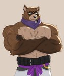 anthro black_nose brown_body brown_fur clothed clothing crossed_arms fur looking_at_viewer male multicolored_body multicolored_fur muscular muscular_anthro muscular_male shirtless solo rahzorart epic_games fortnite hajime_(fortnite) canid canine mammal raccoon_dog tanuki 2025 colored digital_media_(artwork) hi_res