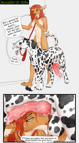 after_sex after_vaginal animal_genitalia animal_penis anthro anthro_on_feral areola ball_fondling ball_lick ball_worship balls bestiality big_penis blue_eyes bodily_fluids body_worship breasts canine_genitalia canine_penis clitoral_hood cum cum_from_vagina cum_in_vagina cum_inside cum_on_penis dialogue dominant dominant_feral dominant_male duo erection face_in_crotch female female_anthro female_on_feral feral feral_dominating_anthro feral_on_top fondling genital_fluids genital_focus genital_worship genitals green_eyes hair half-closed_eyes humanoid_genitalia humanoid_vulva interspecies knot knotted_penis leaking_cum leash leash_pull leashed_female licking male male/female male_feral medium_breasts multi_view narrowed_eyes nose_to_balls nude oral pawpads penis penis_focus penis_on_face profanity red_hair sex sheath side_view smile standing submissive submissive_anthro submissive_female text three-quarter_view tongue vulva magayser helen_macgowan canid canine canis dalmatian deer domestic_dog mammal absurd_res comic english_text hi_res