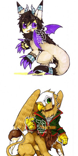 beak black_clothing black_topwear bottomwear brown_hair chibi clothed clothing feathered_wings feathers fur glistening glistening_eyes green_eyes grey_bottomwear grey_clothing grey_pants hair head_tuft looking_aside male membrane_(anatomy) membranous_wings nude open_mouth open_smile orange_body orange_feathers pants purple_eyes purple_wings red_eyes simple_background smile solo tan_body tan_fur three-quarter_view topwear tuft white_background white_body white_clothing white_fur white_topwear wings yellow_beak yellow_body yellow_fur asnnonaka canid mammal species_request taur full-length_portrait hi_res multiple_images portrait signature