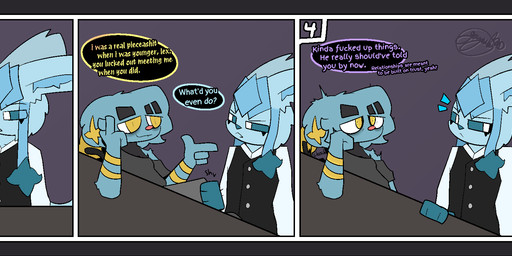 anthro blue_body blue_sclera border clothing dark_sclera dialogue duo emanata finger_gun fur furniture gesture grey_border hand_gesture hand_on_table holding_head inside male open_mouth profanity simple_background table tail text topwear vest white_eyes yellow_eyes gazaster nintendo pokemon gams_(gazaster) lex_(gazaster) canid canine eeveelution felid feline generation_4_pokemon glaceon mammal pokemon_(species) shinx 2025 comic digital_media_(artwork) english_text hi_res signature nonbinary_(lore)