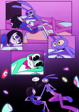 4_fingers anthro bed blush bow_tie dialogue eye_contact female fingers furniture group hand_holding happy larger_female looking_at_another lying lying_on_bed male memory motion_lines on_bed pie_cut_eyes size_difference smaller_female smile speech_bubble text trio screaming_alice glitch_productions the_amazing_digital_circus jax_(tadc) pomni_(tadc) ribbit_(tadc) abstraction_(tadc) amphibian frog humanoid lagomorph leporid mammal rabbit absurd_res comic english_text hi_res