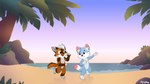 anthro beach blue_body blue_fur brown_body brown_eyes brown_fur chibi detailed_background dipstick_tail duo fluffy fur hair male male/male markings orange_body palm_tree paws pink_eyes pink_tail_tip plant rock running sea shrub sunrise sunset tail tail_markings tree water white_hair alexumka deffy umkashka canid canine canis domestic_cat domestic_dog felid feline felis fox mammal hi_res