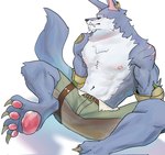 anthro bottomwear clothing feet looking_at_viewer male muscular muscular_male nipples pants pecs scar solo spread_legs spreading warwickislovely league_of_legends riot_games tencent warwick_(lol) canid canine canis mammal wolf hi_res