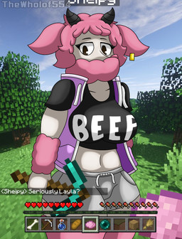 anthro duo female fur looking_at_viewer pink_body pink_fur prank thewholof554 microsoft minecraft mojang xbox_game_studios layla_(thewholof554) sheipy_(thewholof554) bovid canid canine canis caprine domestic_dog mammal sheep hi_res