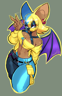 anthro big_breasts blonde_hair blue_hair bottomwear breasts clothing dark_body ear_piercing ear_ring eyelashes eyelashes_through_hair female gesture glistening glistening_breasts green_eyes hair hand_gesture jacket mask membrane_(anatomy) membranous_wings midriff navel pants piercing ring_piercing solo topwear translucent translucent_hair v_sign wings zipper jamoart nintendo pokemon pokemon_legends_z-a sega sonic_the_hedgehog_(series) canari_(pokemon) rouge_the_bat bat mammal 2025 absurd_res hi_res