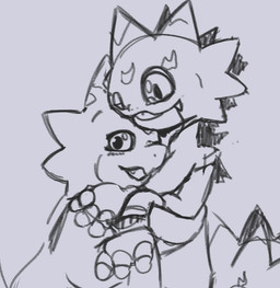 ambiguous_gender anthro blush duo hug one_eye_closed simple_background smile wings yogurtpubes bandai_namco digimon digimon_beatbreak digimon_(species) gekkomon monodramon scalie monochrome sketch