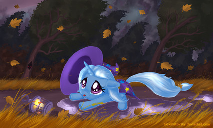 autumn blue_hair bodily_fluids candle cape clothing crying detailed_background female feral grass hair hat headgear headwear horn lamp lantern leaf lying multicolored_hair on_front open_mouth path plant puddle purple_eyes sad solo tail tears tree two_tone_hair water white_hair wood young young_feral alexmakovsky friendship_is_magic hasbro my_little_pony mythology trixie_(mlp) equid equine mammal mythological_creature mythological_equine unicorn 2012 5:3 hi_res