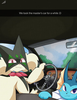 anthro blue_body car driving driving_car duo fur green_body green_fur light_smile looking_at_viewer mask purple_eyes red_eyes steering_wheel text tuft vehicle razgrizdl nintendo pokemon eeveelution generation_1_pokemon generation_9_pokemon meowscarada pokemon_(species) vaporeon 2026 english_text hi_res