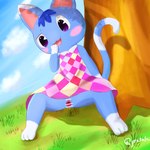 anthro blue_body clothed clothing day dress female genitals mod_fashion outside purple_eyes pussy shift_dress solo spread_legs spreading prafalc animal_crossing nintendo rosie_(animal_crossing) domestic_cat felid feline felis mammal 1:1 censored hi_res