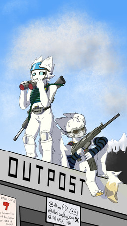 4_toes anthro armor duo feet gun male outside ranged_weapon sitting standing toes weapon neitherfound casualties:_unknown gunsaw albino_(gunsawian) canid canine gunsawian mammal milky_(gunsawian) hi_res