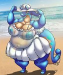 2_toes anthro beach belly big_breasts blue_body blue_eyes blue_nipples blush breasts clothed clothing dress eyelashes feathered_wings feathers feet female hat headgear headwear heart_symbol high-angle_view holding_clothing holding_hat holding_headgear holding_headwear holding_object navel nipples overweight overweight_female ring sea seaside sky solo star summer summer_dress summer_hat tail thick_thighs toes translucent translucent_clothing water wet wet_clothing white_clothing white_dress wings z_dragon mythology nintendo pokemon dragon generation_6_pokemon goo_creature goodra mythological_creature mythological_scalie pokemon_(species) scalie hi_res