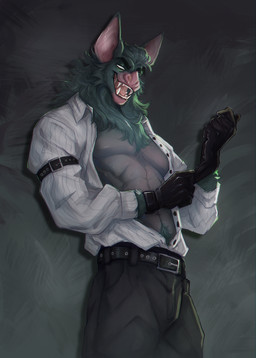 abs anthro athletic athletic_anthro athletic_male belt biped body_hair bottomwear clothed clothing fangs fur gloves handwear happy_trail male male_anthro open_clothing open_shirt open_topwear pants pecs shirt solo standing teeth topwear chillingsmite dispatch sonar_(dispatch) bat mammal digital_drawing_(artwork) digital_media_(artwork) hi_res
