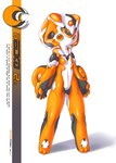 anthro biped breasts cybernetics female looking_at_viewer machine orange_body orange_eyes simple_background small_breasts solo standing tail text ventral_groove white_background totem.v mu cyborg english_text