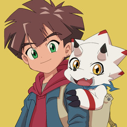 anthro backpack brown_hair claws duo green_eyes hair horn kerchief male neckerchief neckwear open_mouth open_smile simple_background smile white_body yellow_background yellow_eyes kubota_keita bandai_namco digimon digimon_ghost_game gammamon_(ghost_game) hiro_amanokawa digimon_(species) gammamon human mammal 1:1 hi_res