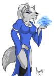 2011 amocin anthro blue_eyes breasts canid canine canis clothed clothing crystal_(dailenwolf) digital_media_(artwork) dress female looking_at_viewer magic mammal solo tail wolf