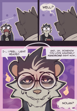 3_panel_comic 5_fingers anthro aphrodisiac aphrodisiac_liquid aroused aroused_face aroused_smile black_clothing bodily_fluids bone clothing dialogue drinking_milk duo fingers heart_eyes heart_symbol male male/male smile speech_bubble text king_slabu adrian_(king_slabu) nolan_(king_slabu) american_opossum canid canine canis domestic_dog mammal marsupial spirit virginia_opossum absurd_res comic digital_media_(artwork) english_text hi_res