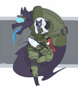 abstract_background ambiguous_gender anthro bionic_arm bionics bodily_fluids bottomwear camo clothed clothing cloven_hooves cybernetic_arm cybernetic_limb drooling duo empty_eyes explosives eye_patch eyewear fur grenade gun hair handgun holding_gun holding_handgun holding_object holding_pistol holding_ranged_weapon holding_weapon hooves legless mask open_mouth pants pistol ranged_weapon saliva silencer standing tongue tongue_out unguligrade weapon wearing_mask white_body white_fur kilinah konami league_of_legends metal_gear riot_games tencent kindred_(lol) lamb_(lol) wolf_(lol) bovid canid canine canis caprine mammal sheep spirit wolf 2015 crossover