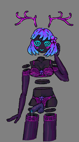antennae_(anatomy) antlers blue_eyes blue_hair blush breasts clothing eyelashes genitals gynomorph hair horn intersex lingerie machine penis smile solo standing tellsludge corru.observer geli_(corru.observer) alien humanoid robot hi_res