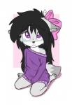 anthro biped black_hair blush bodily_fluids clothed clothing crying female fur grey_body grey_fur hair kneeling long_hair looking_at_viewer purple_eyes ribbons simple_background solo sweater tears topwear white_background white_body white_fur young aggie_(artist) aggie arctic_fox canid canine fox mammal true_fox 2019 digital_media_(artwork)