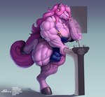 anthro applying_makeup big_breasts big_muscles breasts fur gynomorph hair hooves huge_muscles hyper hyper_muscles intersex lipstick looking_at_mirror looking_at_object makeup mirror muscular muscular_thighs personal_grooming pink_body pink_fur pink_hair quadriceps sink solo yellow_eyes agonwolfe equid equine horse mammal