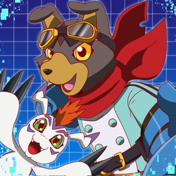 anthro brown_body brown_fur duo eyewear eyewear_on_head feral fur goggles goggles_on_head green_eyes male scarf white_body white_fur yellow_eyes chicostyx bandai_namco digimon digimon_story:_time_stranger digimon_(species) gaomon gomamon 1:1 hi_res