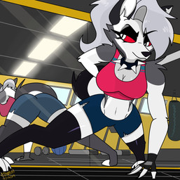 anthro athletic_wear big_breasts black_eyelids blue_bottomwear blue_clothing blue_shorts bottomwear bra breasts butt cleavage clothed clothed_anthro clothed_female clothing collar digitigrade exercise female fingerless_gloves fur gloves grey_body grey_fur grey_hair gymnasium hair hand_behind_back handwear inside legwear looking_back low-angle_view midriff mirror mirror_reflection navel notched_ear pink_bra pink_clothing pink_sports_bra pink_underwear pose punching_bag pupils red_sclera reflection shorts slit_pupils small_waist solo spiked_collar spikes sports_bra tail thick_thighs thigh_highs toeless_legwear toeless_stockings underwear white_body white_eyes white_fur starpaintart hellaverse helluva_boss mythology loona_(helluva_boss) canid canid_demon canine demon hellhound mammal mythological_canine mythological_creature 2024 absurd_res hi_res