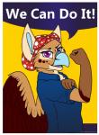 anthro avian beak blue_beak border brown_body brown_feathers clothed clothing dialogue english_text feathers female gryphon hat headgear headwear looking_at_viewer mazzy_techna motivational_poster mythological_avian mythological_creature mythology purple_eyes red_body red_feathers rosie_the_riveter singingbirdstudio solo text we_can_do_it! white_border wings