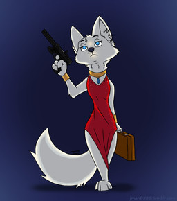 anthro blue_eyes bracelet briefcase clothing dress female fur gun handgun jewelry necklace pistol ranged_weapon scope silencer solo weapon white_body white_fur jman0525 disney zootopia skye_(zootopia) arctic_fox canid canine fox mammal true_fox hi_res