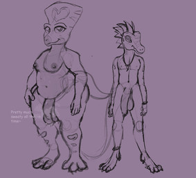 anthro balls belly big_penis bodily_fluids duo flaccid genitals male musk nipples overweight penis slightly_chubby slim sweat tail thick_thighs thin_tail wide_hips velocirection jesse_(bidlg) lonnie_(bidlg) dinosaur prehistoric_species reptile scalie concept_art sketch