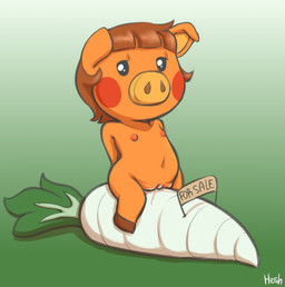 anthro bedroom_eyes blush blush_stickers bodily_fluids brown_hair clitoris female food fur genital_fluids genitals glossy_eyes hair hooves loli looking_pleasured narrowed_eyes navel nipples nude nude_anthro nude_female orange_body orange_fur pig_ears pig_snout pink_nipples plant seductive sign simple_background solo turnip vegetable vulva young young_anthro young_female heshieokf animal_crossing nintendo daisy_mae_(animal_crossing) mammal suid suine sus_(pig) wild_boar hi_res