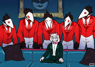anthro black_body black_feathers black_tie_(suit) bow_(feature) bow_in_front bow_tie clothed clothing eyewear feathers fur furniture glasses group horn interspecies male male/male mask necktie picture_frame pillow red_eyes sofa suit white_body white_fur ferrilo deltarune piper_perri_surrounded undertale_(series) ralsei avian bovid caprine darkner goat mammal swatchling 2021 meme