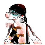 anthro black_kerchief black_markings clothed clothing front_view gun kerchief male markings mouth_closed narrowed_eyes pirate pupils ranged_weapon simple_background slit_pupils solo topless weapon white_background white_body 0ct0m0n0 eublepharid gecko leopard_gecko lizard reptile scalie 1:1 half-length_portrait portrait signature