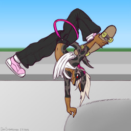 anthro baseball_cap blonde_hair bottomwear brown_body brown_fur clothing denim denim_bottomwear denim_clothing female footwear fur hair hat headgear headwear humanoid_hands jeans long_hair looking_at_viewer markings midriff navel oversized_bottomwear oversized_clothing oversized_pants pants pink_clothing pink_footwear pink_shoes pink_sneakers pupils red_sclera shirt shoes sideways_baseball_cap skate_park skateboard skateboarding slit_pupils sneakers solo spots spotted_body spotted_fur tank_top topwear upside_down vehicle white_clothing white_eyes white_shirt white_tank_top white_topwear dansharkman mythology pepper_(dansharkman) canid canid_demon canine canis dachshund demon domestic_dog hellhound hunting_dog hybrid mammal mythological_canine mythological_creature 1:1 2026 digital_drawing_(artwork) digital_media_(artwork) english_description hi_res