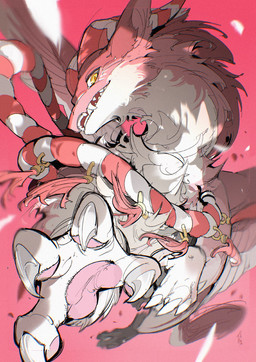 2_horns 3_toes 4_fingers amber_eyes amber_pupils ambiguous_gender back_wings claws countershade_arms countershade_face countershade_fur countershade_legs countershade_neck countershade_tail countershade_torso countershading digitigrade fangs feathered_wings feathers feet feral finger_claws fingerpads fingers foreshortening front_view fur head_horn head_turned horn jewelry looking_at_viewer looking_down looking_down_at_viewer multicolored_body multicolored_feathers multicolored_fur multicolored_horn necklace open_mouth overbite pawpads pink_background pink_body pink_feathers pink_fur pink_inner_ear pink_pawpads pink_wings pupils quadruped red_horn red_jewelry red_necklace ringed_iris simple_background snout solo spread_wings tail teeth toes two_tone_body two_tone_feathers two_tone_fur white_body white_claws white_countershading white_feathers white_fur white_horn white_jewelry white_necklace white_sclera white_wings wings yellow_eyes chiayeeee mythology dragon feathered_dragon feathered_scalie furred_dragon furred_scalie mythological_creature mythological_scalie scalie winged_dragon 2025 chromatic_aberration digital_drawing_(artwork) digital_media_(artwork) hi_res signature