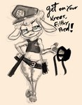 anthro badge baton belt clothing dialogue eyewear female glasses green_eyes hat headgear headwear muzzle_(object) police police_uniform simple_background smile solo text uniform soulcentinel disney zootopia dawn_bellwether bovid caprine mammal sheep 2022 english_text sketch