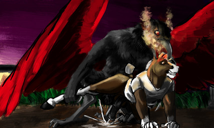 anal anal_penetration black_body black_feathers bodily_fluids bottomless breath_powers clothed clothing cum cum_while_penetrated cumshot duo ejaculation elemental_manipulation feathered_wings feathers fire fire_breathing fire_manipulation from_behind_position genital_fluids gloves_(marking) glowing hands-free hooves leg_grab leg_markings male male/male male_penetrated male_penetrating male_penetrating_male markings nude open_mouth orgasm outside partially_clothed penetration red_body red_feathers scared sex socks_(marking) spread_wings sunset wings aquila_chrysaetos avian bird corvid corvus_(genus) crow equid equine horse mammal oscine passerine 5:3 digital_media_(artwork) digital_painting_(artwork) hi_res painting_(artwork)