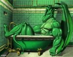 abs anthro bath bathtub biceps big_muscles biped claw_foot_bathtub ear_piercing eyes_closed horn jewelry male membrane_(anatomy) membranous_wings muscular muscular_anthro muscular_male nipples non-mammal_nipples pecs piercing sitting solo tail vein water wings ahundred european_mythology mythology dragon mythological_creature mythological_scalie scalie western_dragon