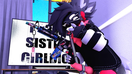 anthro bodily_fluids clothing cum electronics genital_fluids genitals gesture gun hand_gesture knot knotted_penis leaking_cum leash leash_around_penis lgbt_pride m4a4 machine male pattern_clothing penis pride_colors ranged_weapon solo sticker striped_clothing stripes television transgender_pride_colors v_sign weapon furrytrxsh phalt_(furrytrxsh) protogen 16:9 4k absurd_res hi_res widescreen