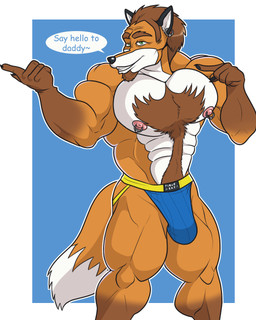 5_fingers abs anthro biceps black_ears black_finger_claws black_nose black_outline blue_text body_hair brown_arms brown_eyebrows brown_facial_hair brown_fingers brown_goatee brown_hair brown_hands bulge chest_tuft clenched_teeth clothed clothing countershade_face countershade_torso countershading daddy_kink daddyfication dipstick_tail ear_piercing ear_ring eyebrows facial_hair fingers geometric_background gesture gloves_(marking) goatee green_eyes grin grinning_at_viewer hair hand_gesture happy_trail humanoid_hands jockstrap looking_at_viewer male markings muscular muscular_anthro muscular_arms muscular_legs muscular_male nipple_dip nipple_piercing nipple_ring nipples orange_arms orange_face orange_legs orange_tail outline pecs piercing pink_nipples pointing ring_piercing simple_background small_nipples smile smiling_at_viewer solo speech_bubble tail tail_markings teeth text thick_arms thick_eyebrows thick_thighs topless topless_anthro topless_male tuft two_tone_arms two_tone_face two_tone_tail underwear white_background white_body white_chest white_countershading white_face white_inner_ear white_speech_bubble white_tail pique_raj mordecai_(pique_raj) canid canine fox mammal 1:1 2019 artist_name digital_drawing_(artwork) digital_media_(artwork) english_text hi_res